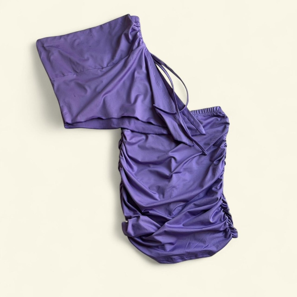 CSDAJIO Purple 2 Piece Set Asymmetrical Ruched Top Mini Skirt Y2K Size S Party
